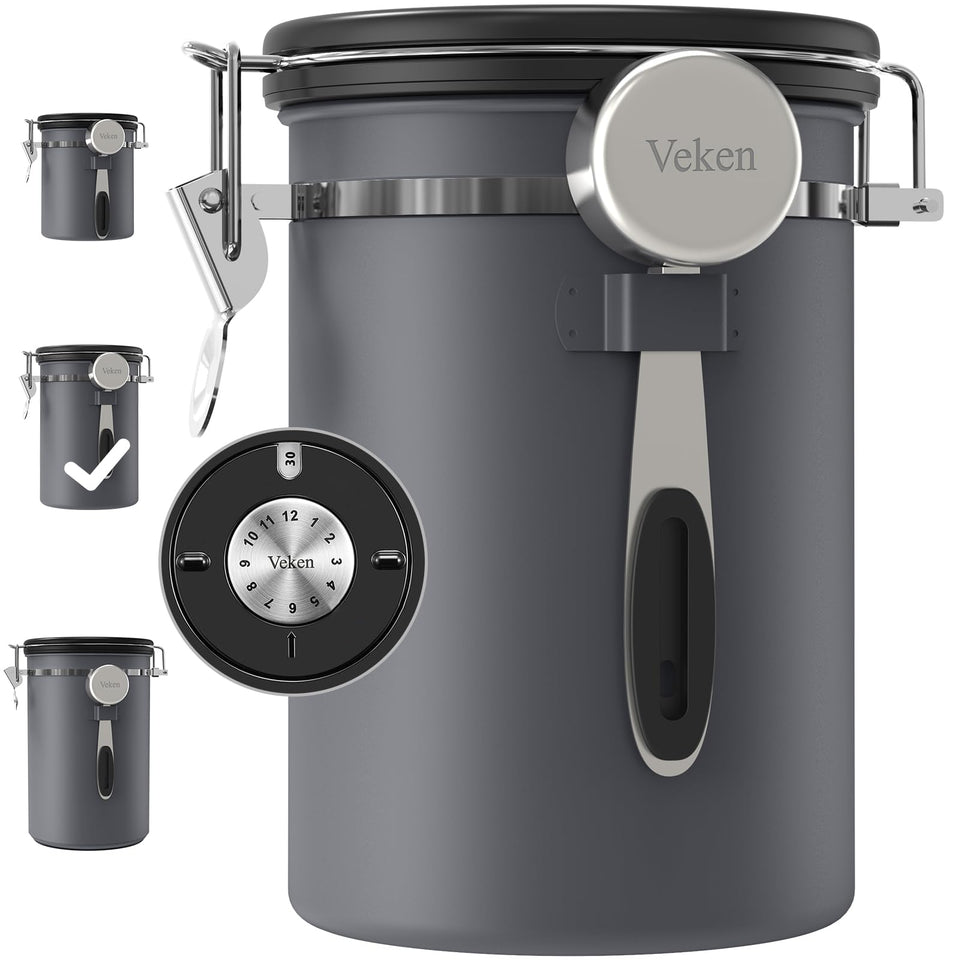 Veken coffee canister with date-tracker lid keeps beans fresh longer.
