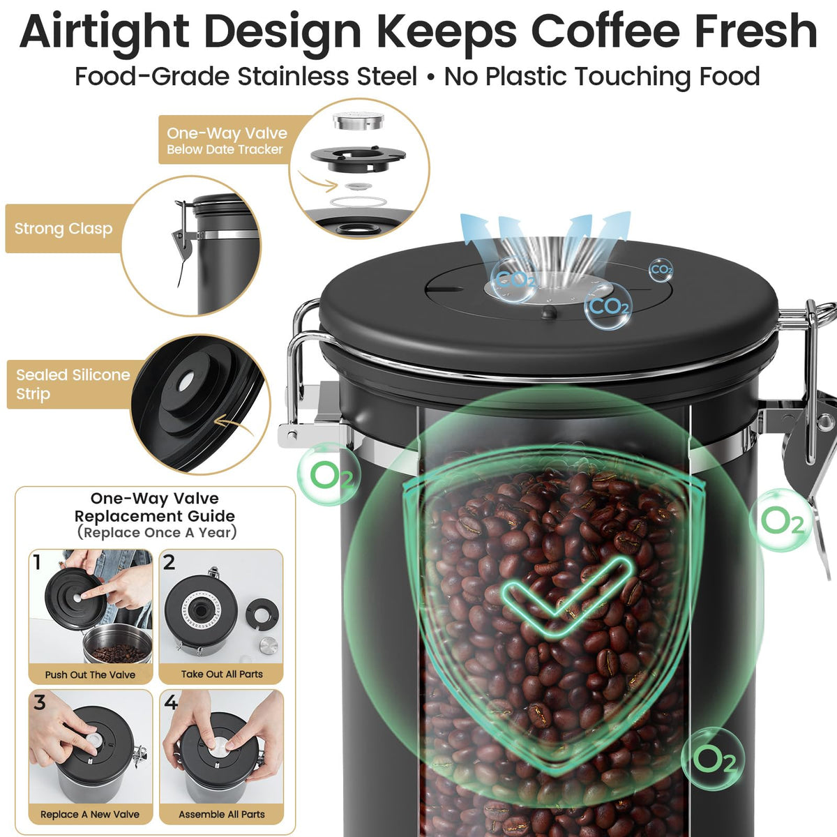 Veken free stainless steel scoop attaches to the canister