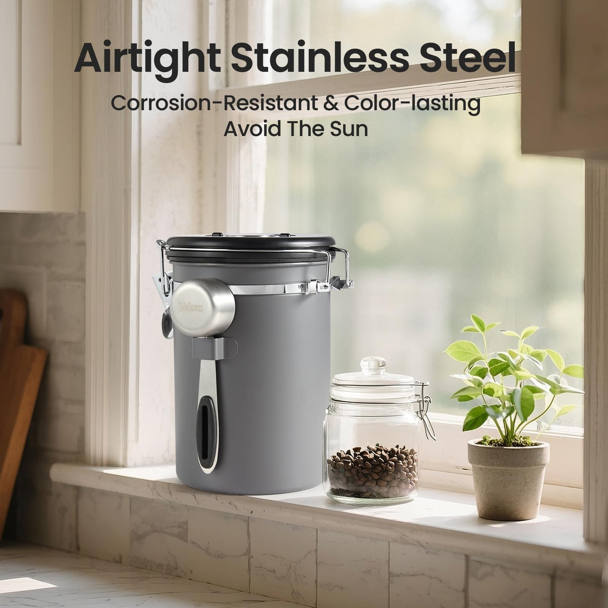 Veken canister includes a free scoop for easy coffee dosing.