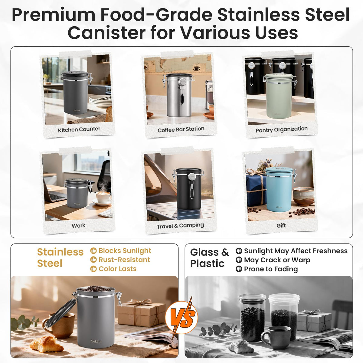 Elegant gray finish complements any pantry or countertop