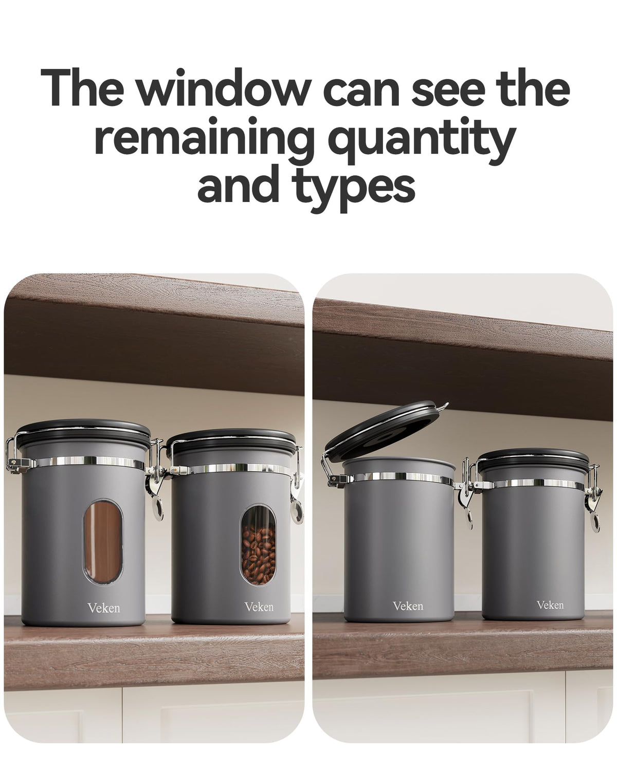 Veken grey kitchen storage keeps beans neat and organized.