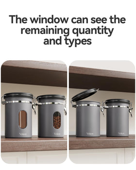 Veken grey kitchen storage keeps beans neat and organized.
