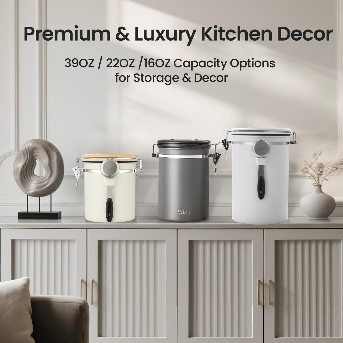 Elegant white Veken canister adds organized style to kitchen shelves.