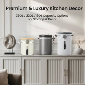 Elegant white Veken canister adds organized style to kitchen shelves.