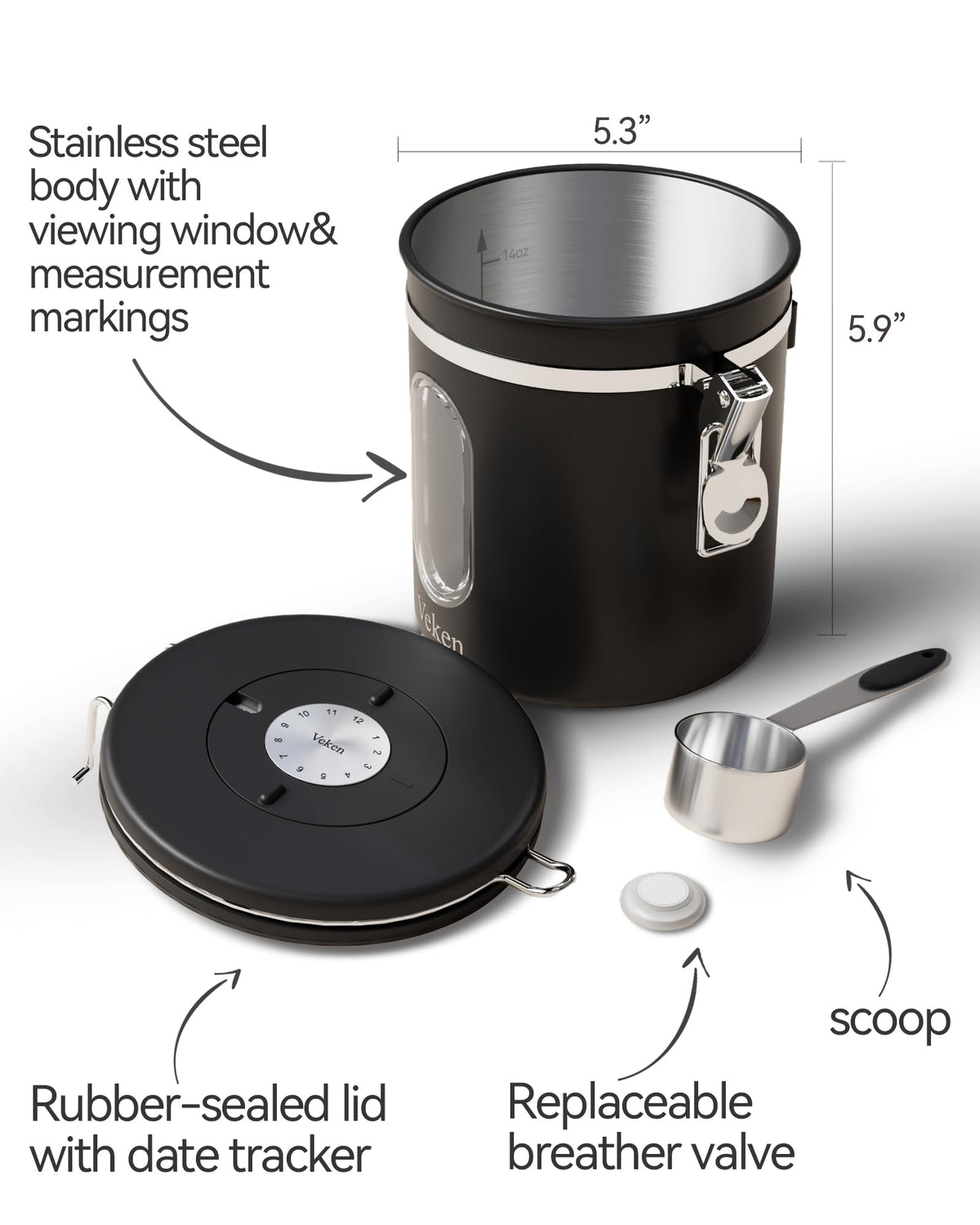 Built-in scale line on the canister assists in precise coffee measurements.