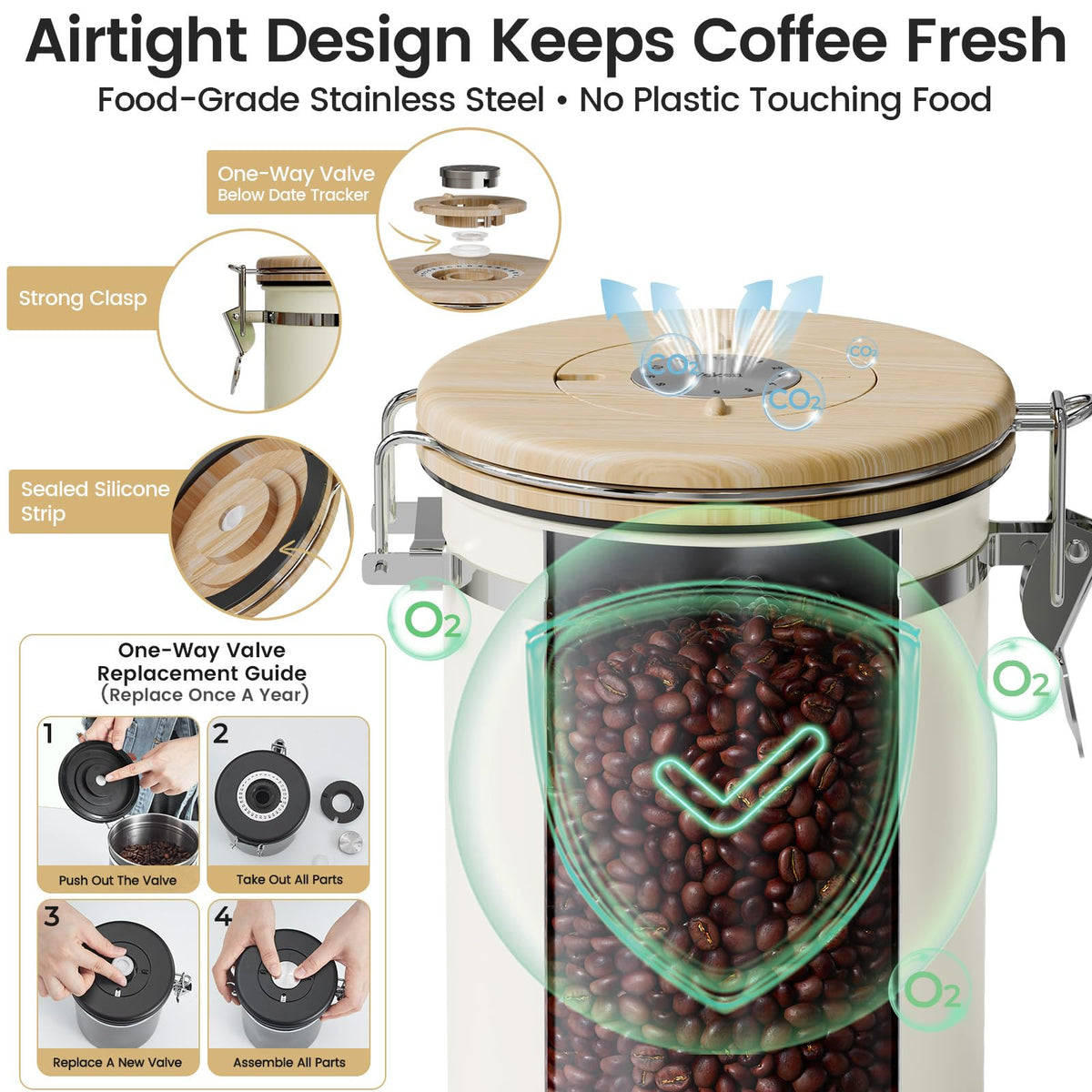 Veken coffee canister scoop attached for precise dosing