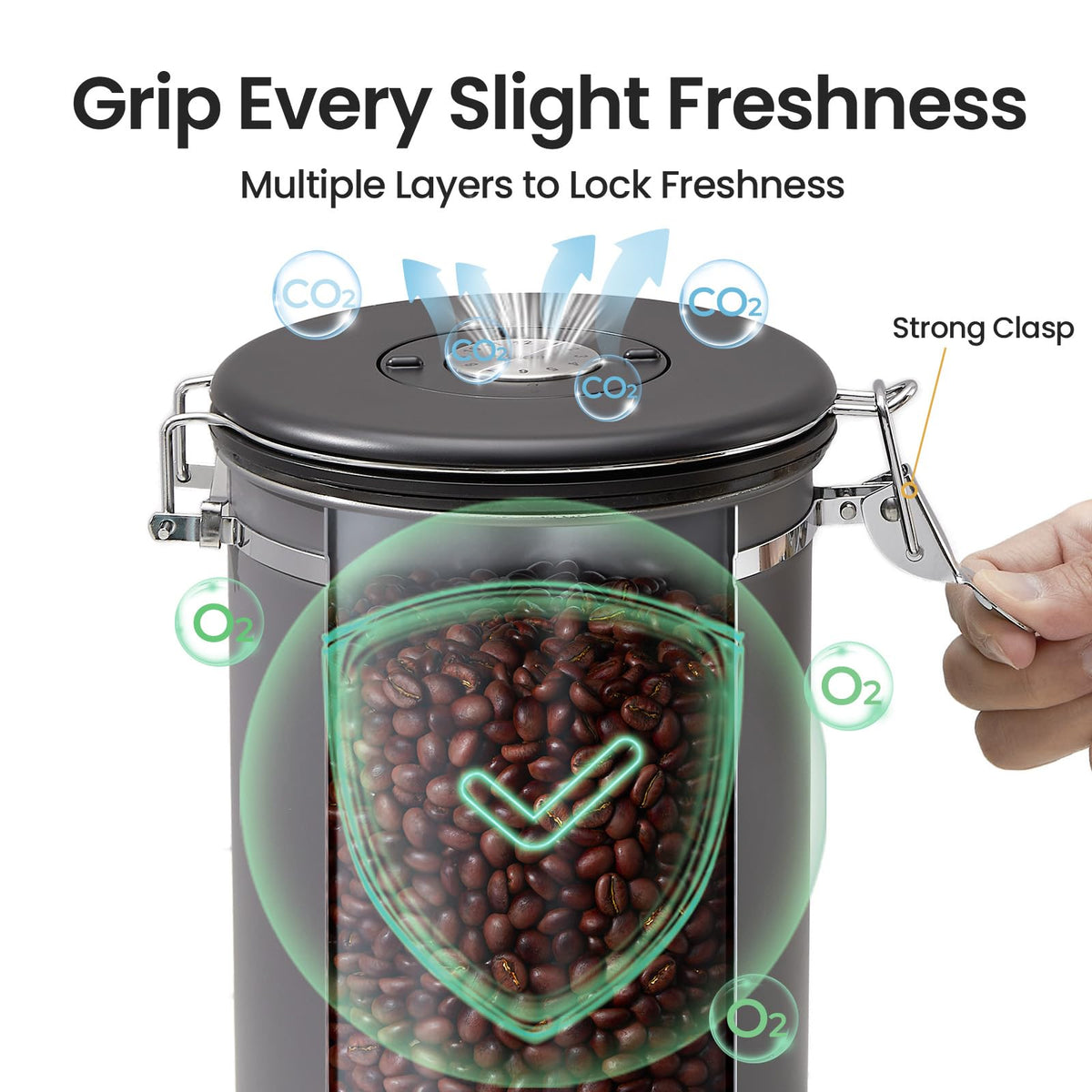 Veken stainless steel body protects beans from light and moisture.