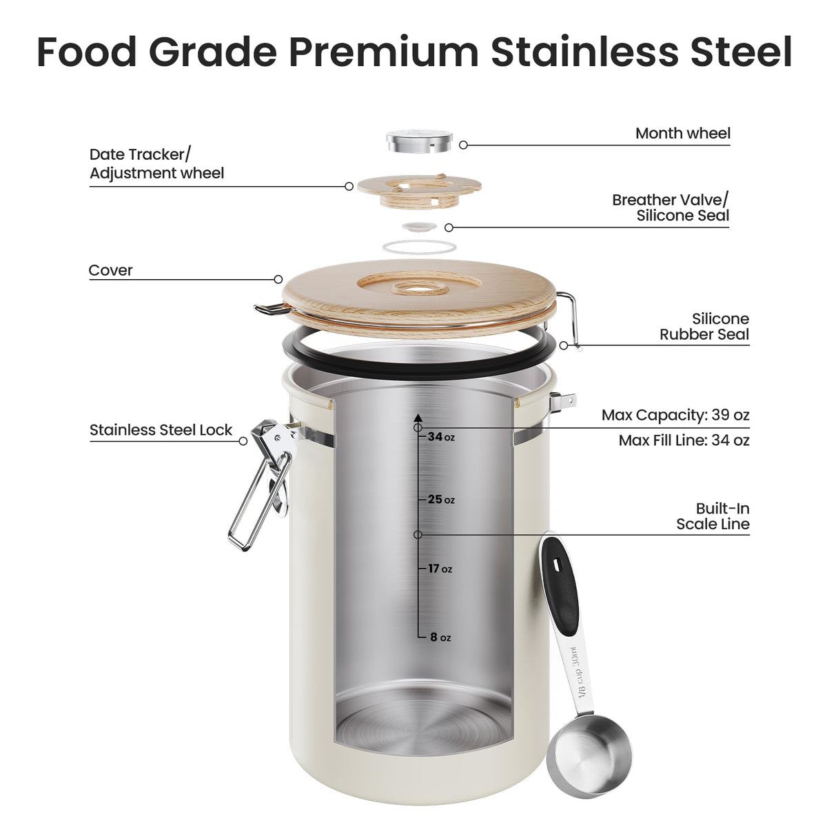 Veken stainless steel scoop included for easy measuring