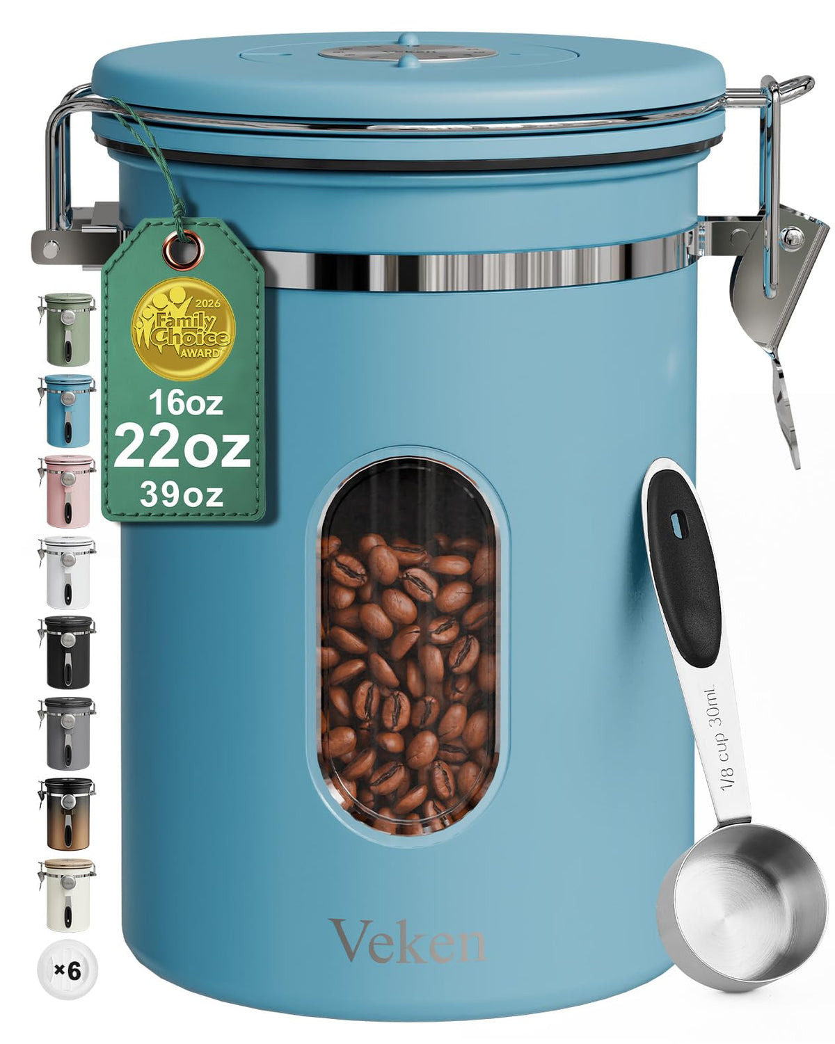 Veken coffee canister with window displaying remaining beans and blue finish