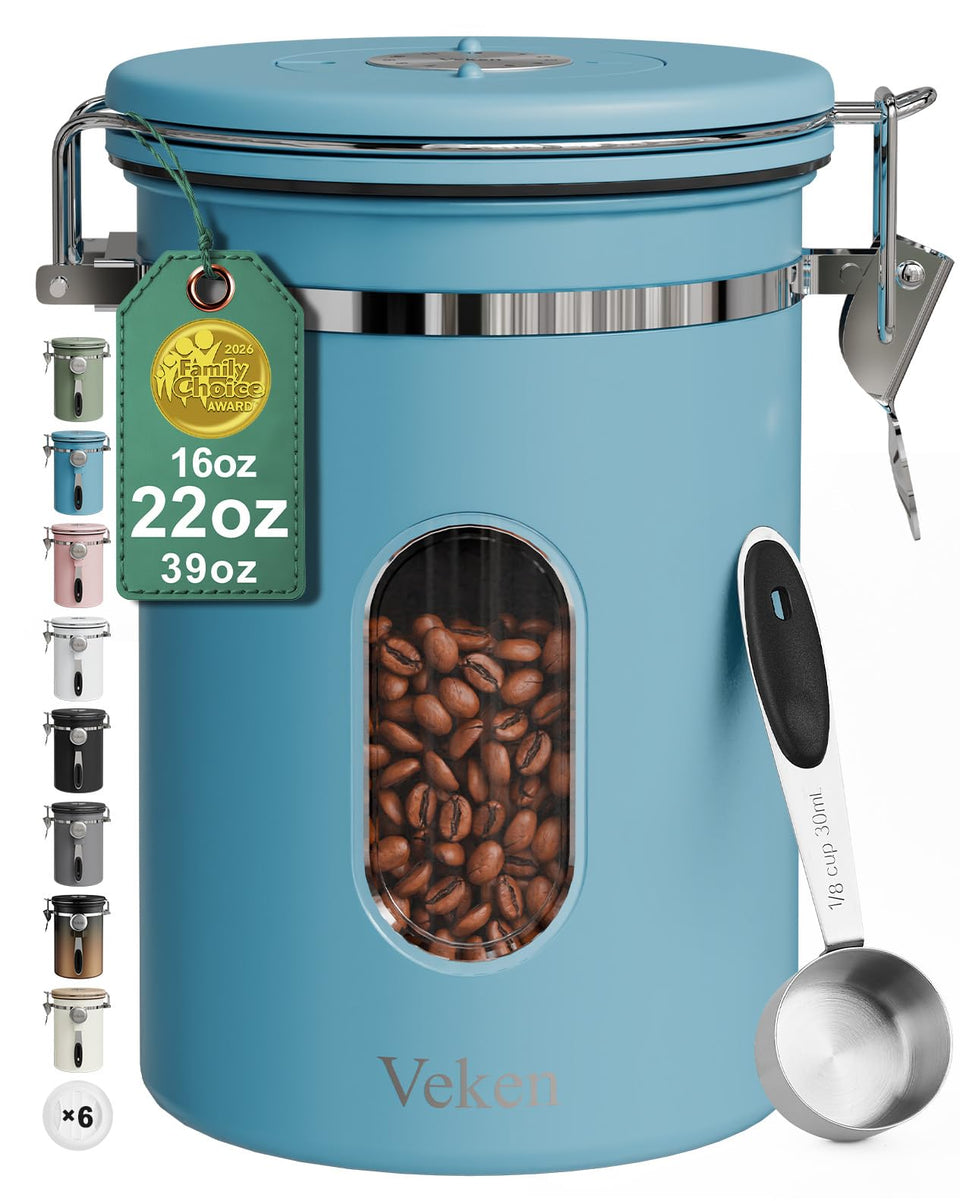 Veken coffee canister with window displaying remaining beans and blue finish