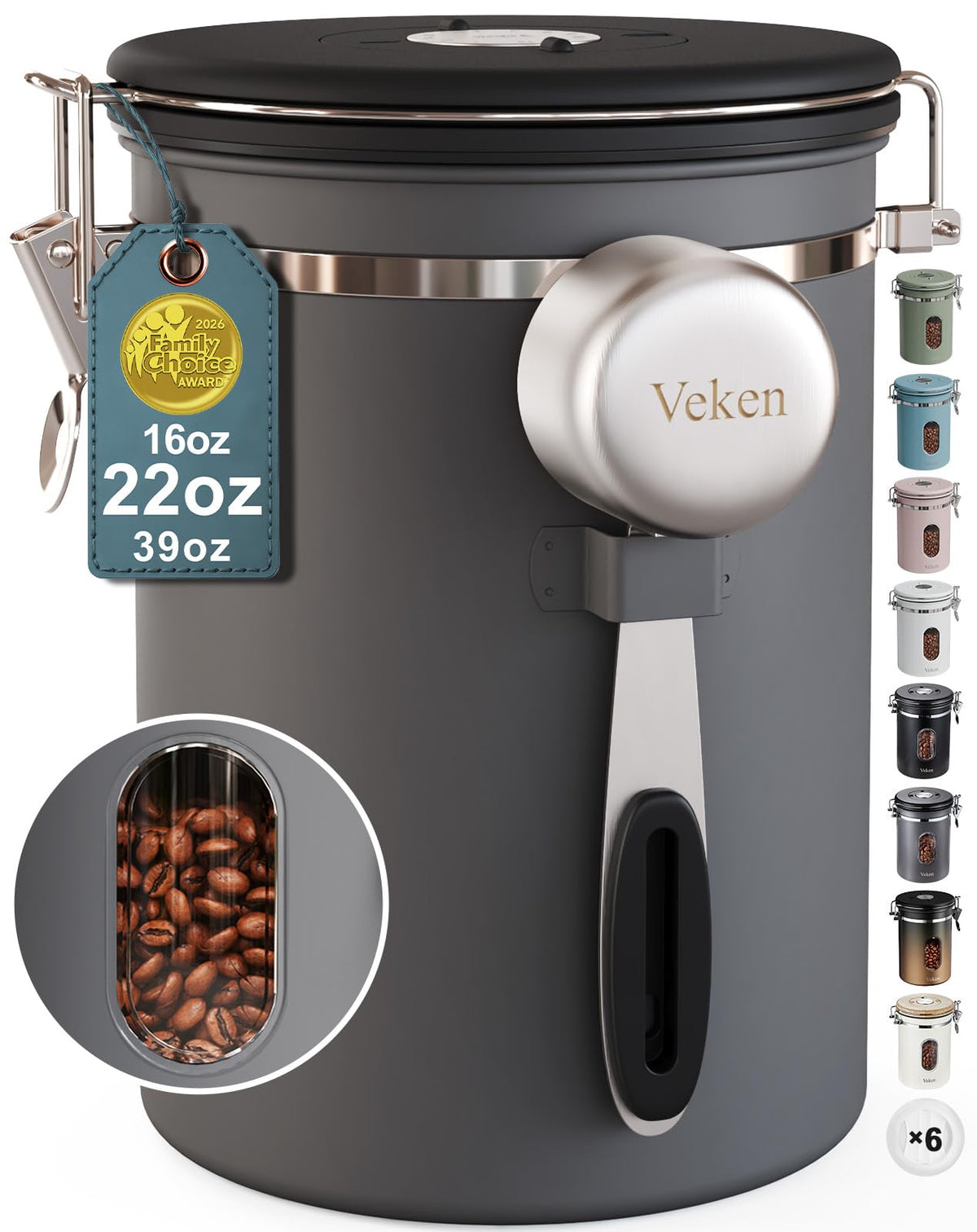 Veken coffee canister window shows 22oz capacity and freshness at a glance.