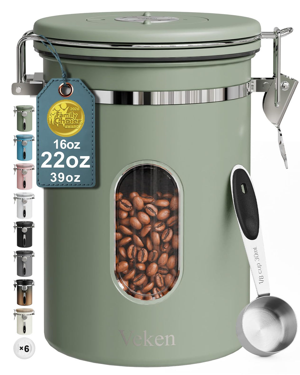 Veken coffee canister with window shows remaining beans at a glance.