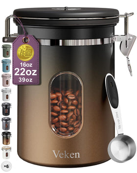 Veken coffee canister with window shows remaining beans for easy stock checks.