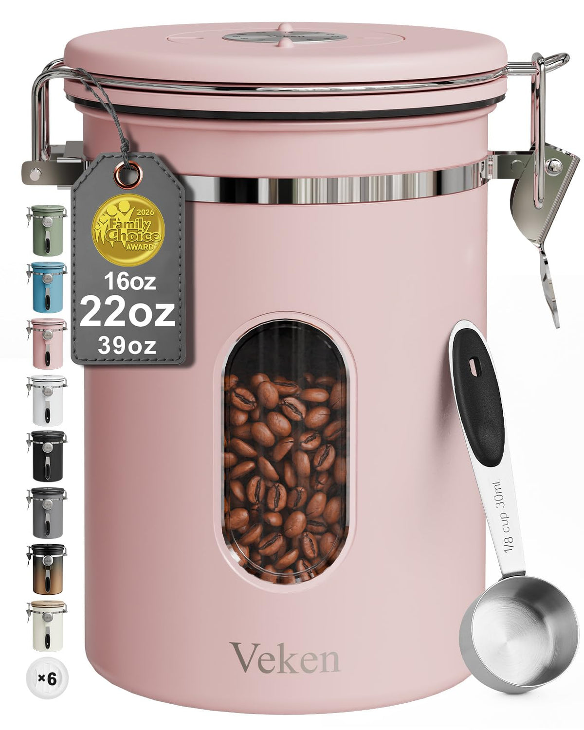 Veken coffee canister with window showing remaining beans and freshness.