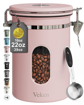 Veken coffee canister with window showing remaining beans and freshness.
