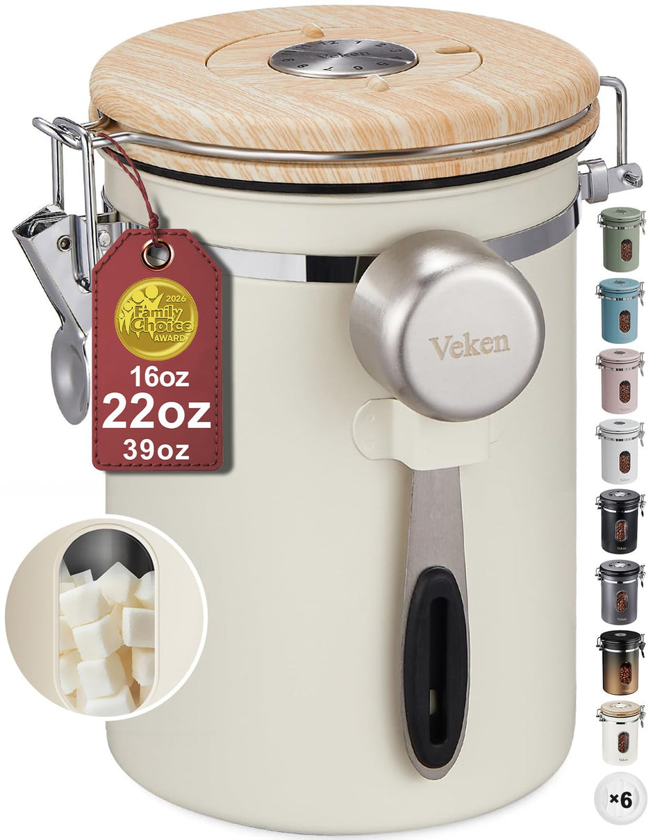 Veken coffee canister with window showing remaining beans for freshness