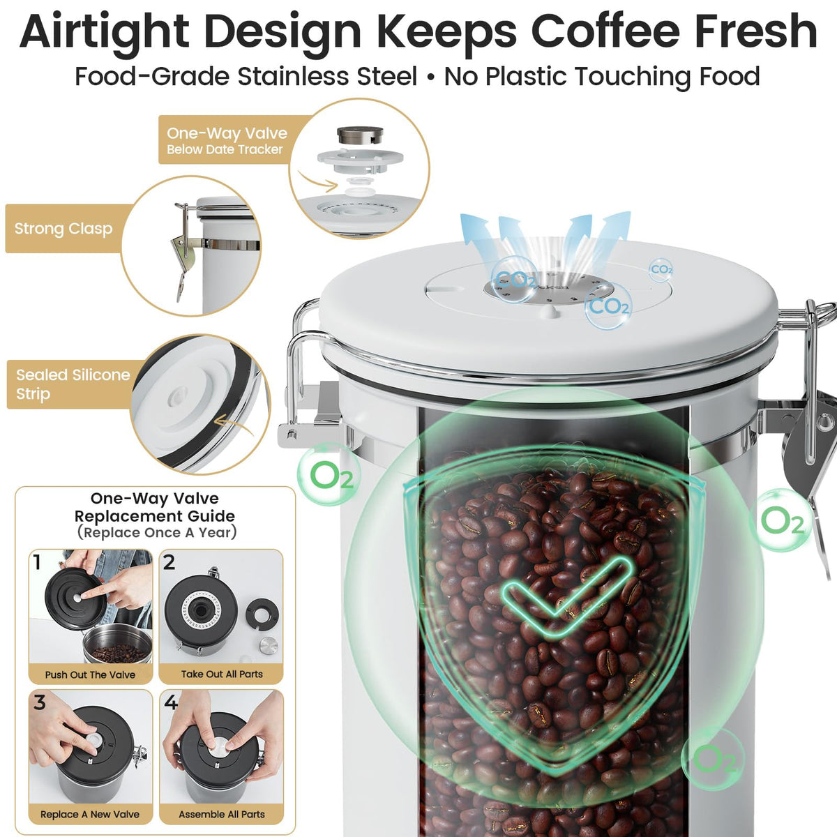 Free stainless steel scoop attaches for convenient dosing