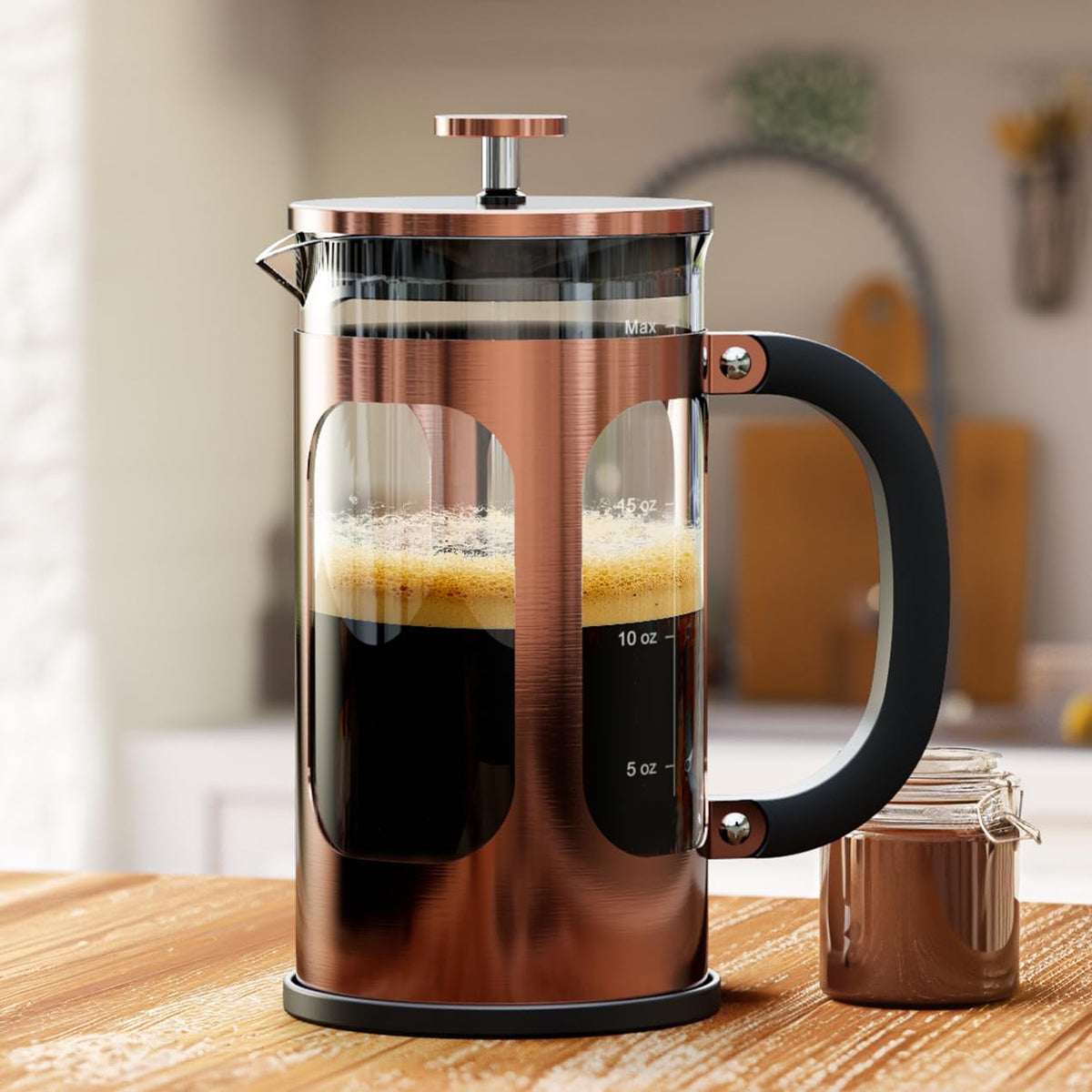 Veken French Press 21oz carafe front view shows copper tone and heat-resistant glass for hot brews.