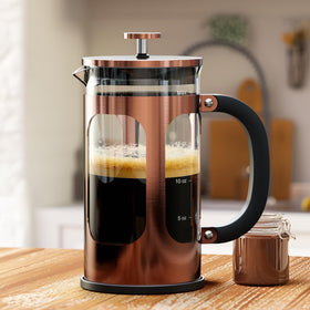 Veken French Press 21oz carafe front view shows copper tone and heat-resistant glass for hot brews.