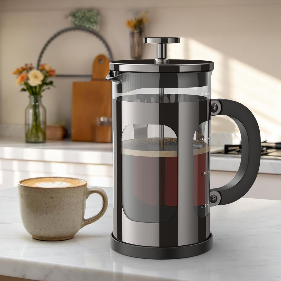 Veken French Press 21oz front view highlights sturdy glass and metal frame for everyday use