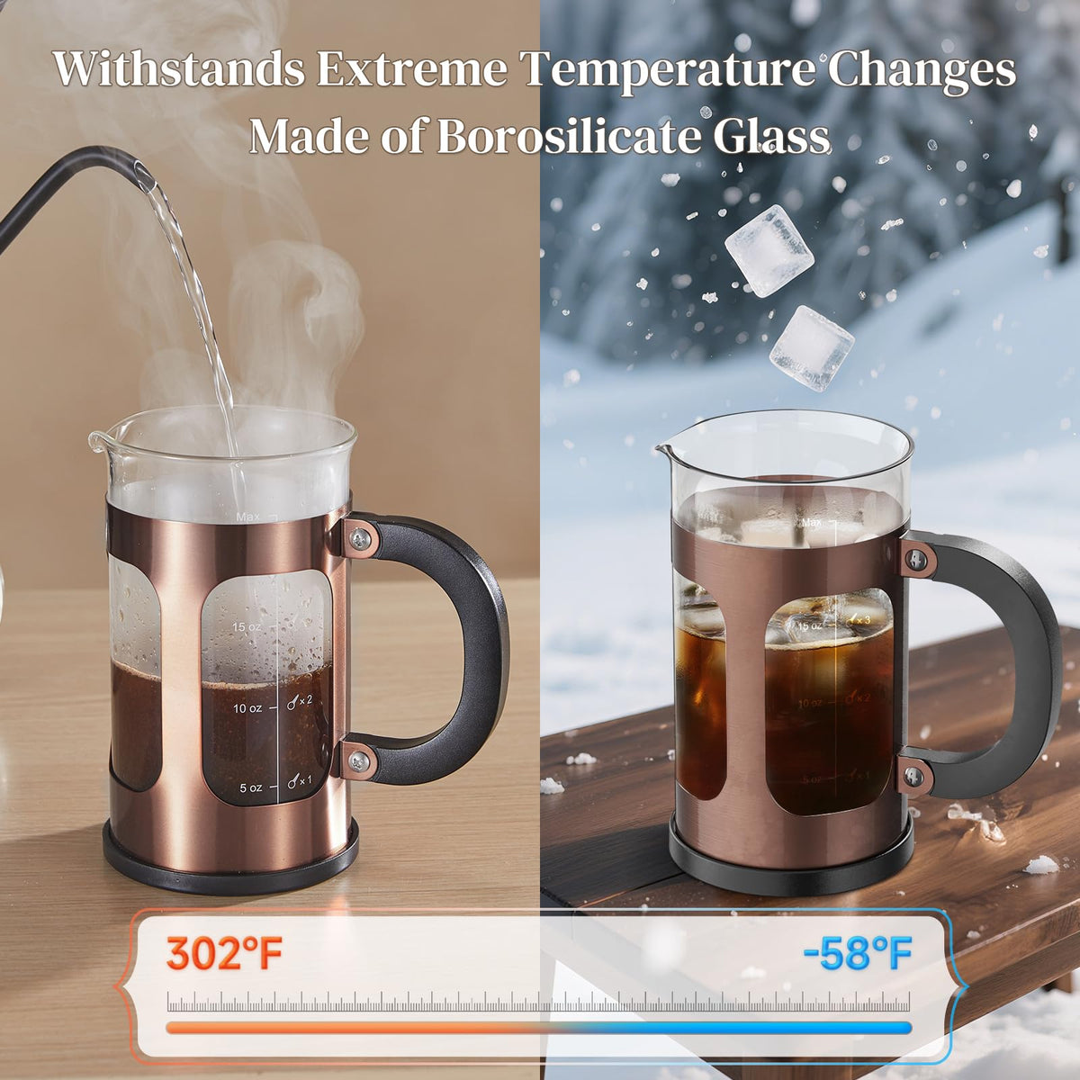 Veken French Press stainless steel plunger shown; 4-level filter promises smooth coffee.