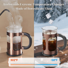 Veken French Press stainless steel plunger shown; 4-level filter promises smooth coffee.