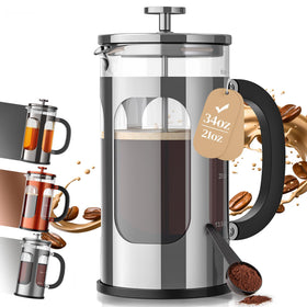 Veken French press 34oz capacity shown with clear borosilicate glass for hot or cold brews.