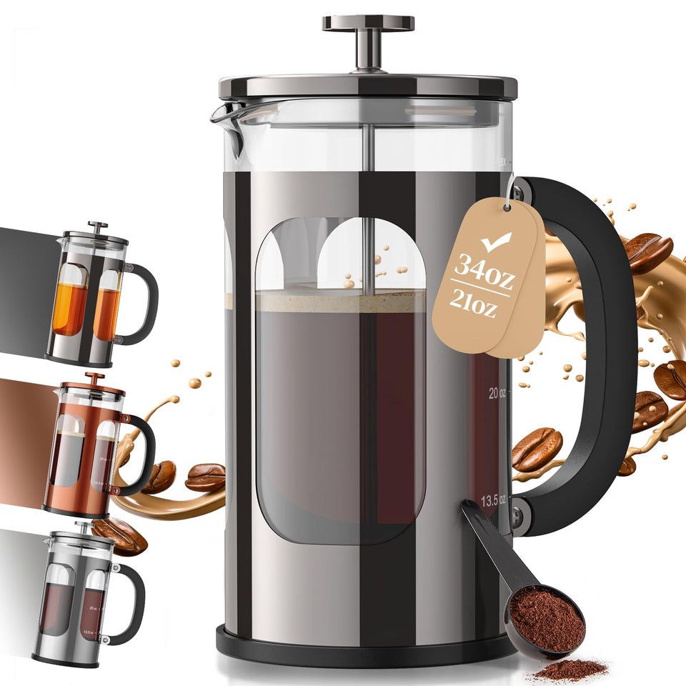 Veken 34oz French Press with plastic-free brewing surfaces for clean coffee.