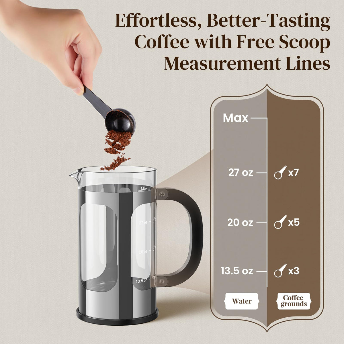 Veken French press with exterior markings and included coffee scoop for precise brewing.