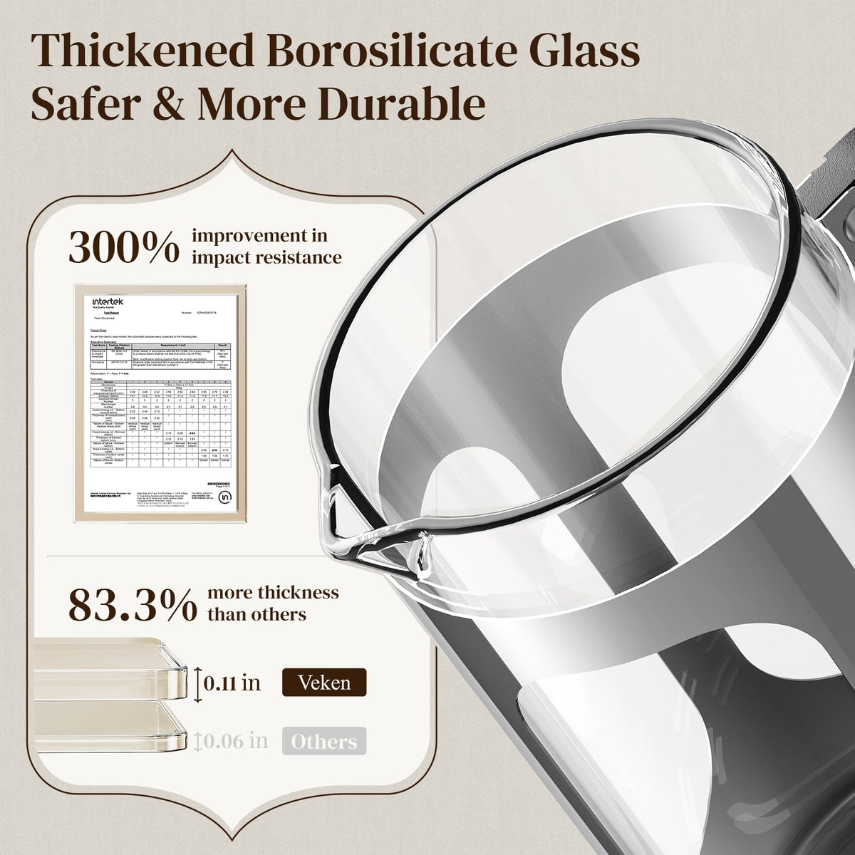 Veken French press heat-resistant glass illustrates thermal tolerance for hot coffee and cold brew.