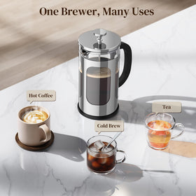 Veken French press in silver finish showcasing compact, elegant design.
