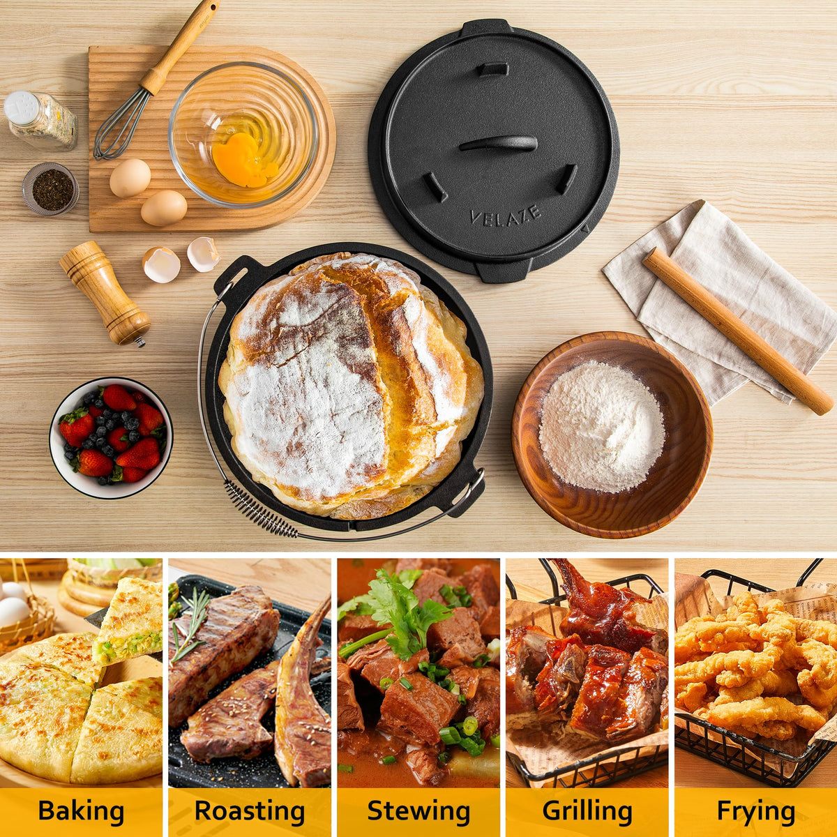 Campfire-ready Velaze setup enables pizzas and braised meats.