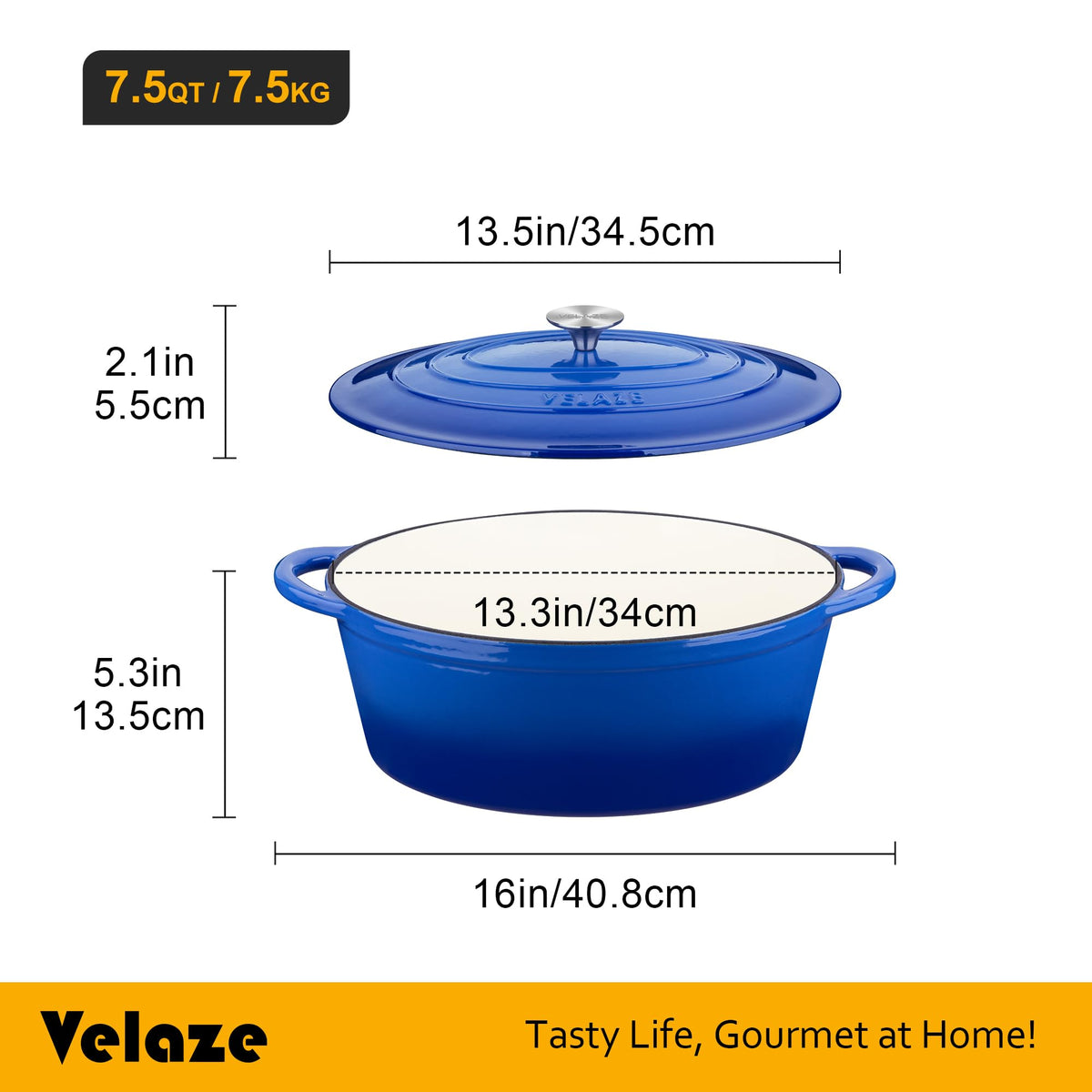 Velaze enamelled oval dutch oven with dual handles for easy lifting