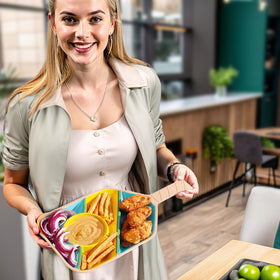 VELENTI ceramic tray features built-in dip bowl for quick scoops.