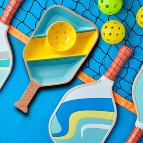 VELENTI paddle-shaped serving tray with compartments for chips and veggies.