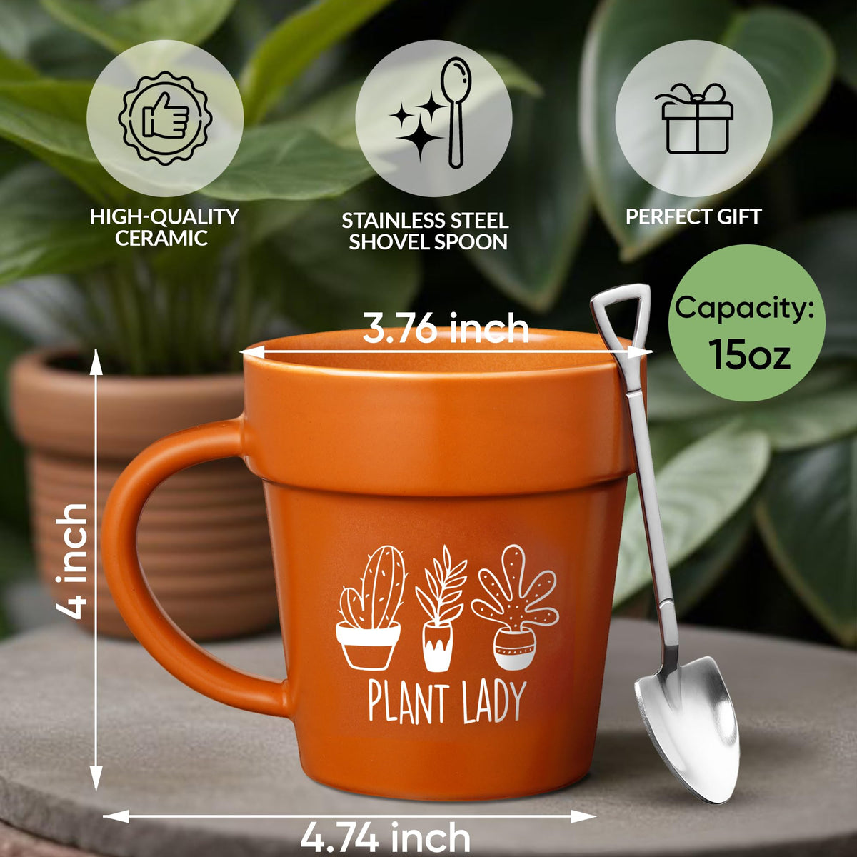 VELENTI Plant Pot Mug side view highlights the metallic shovel detail for whimsical touch.