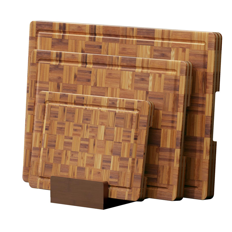 Vellzeyce bamboo cutting board 3-pack for versatile prep and organization.