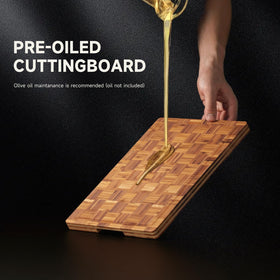Vellzeyce bamboo cutting board smooth surface cleans easily after use.