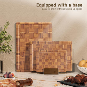 Vellzeyce cutting board base stores all boards neatly in one place.