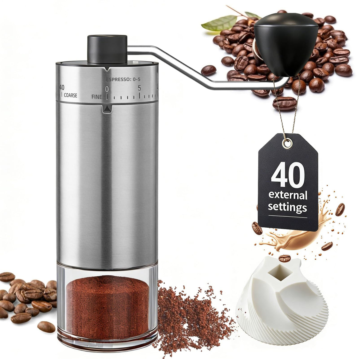 Velvora manual coffee grinder with external settings for espresso, pour-over, and French press.