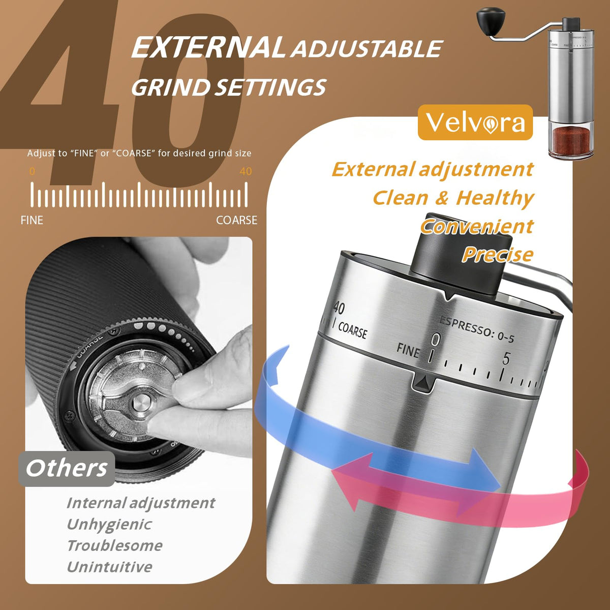 Velvora portable coffee grinder designed for travel and on-the-go use.