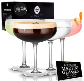 VEMACITY elegant espresso martini glasses set of four 10oz on table for home entertaining
