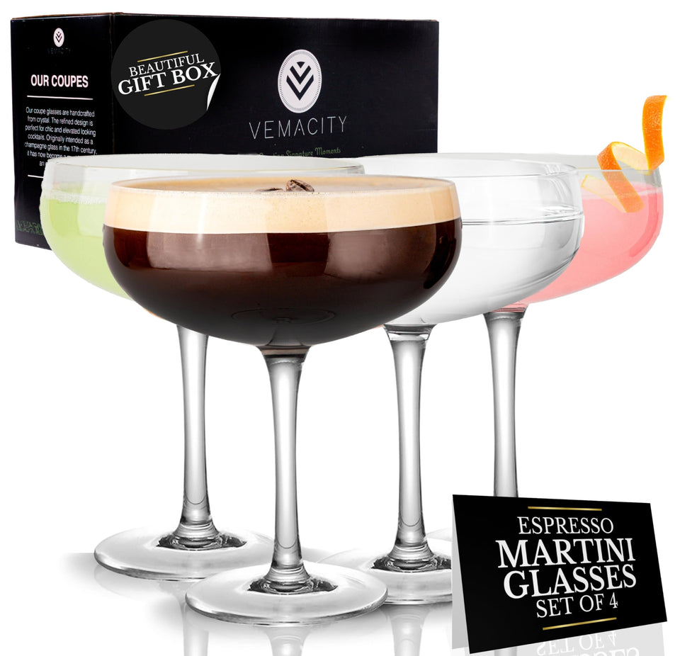 VEMACITY elegant espresso martini glasses set of four 10oz on table for home entertaining