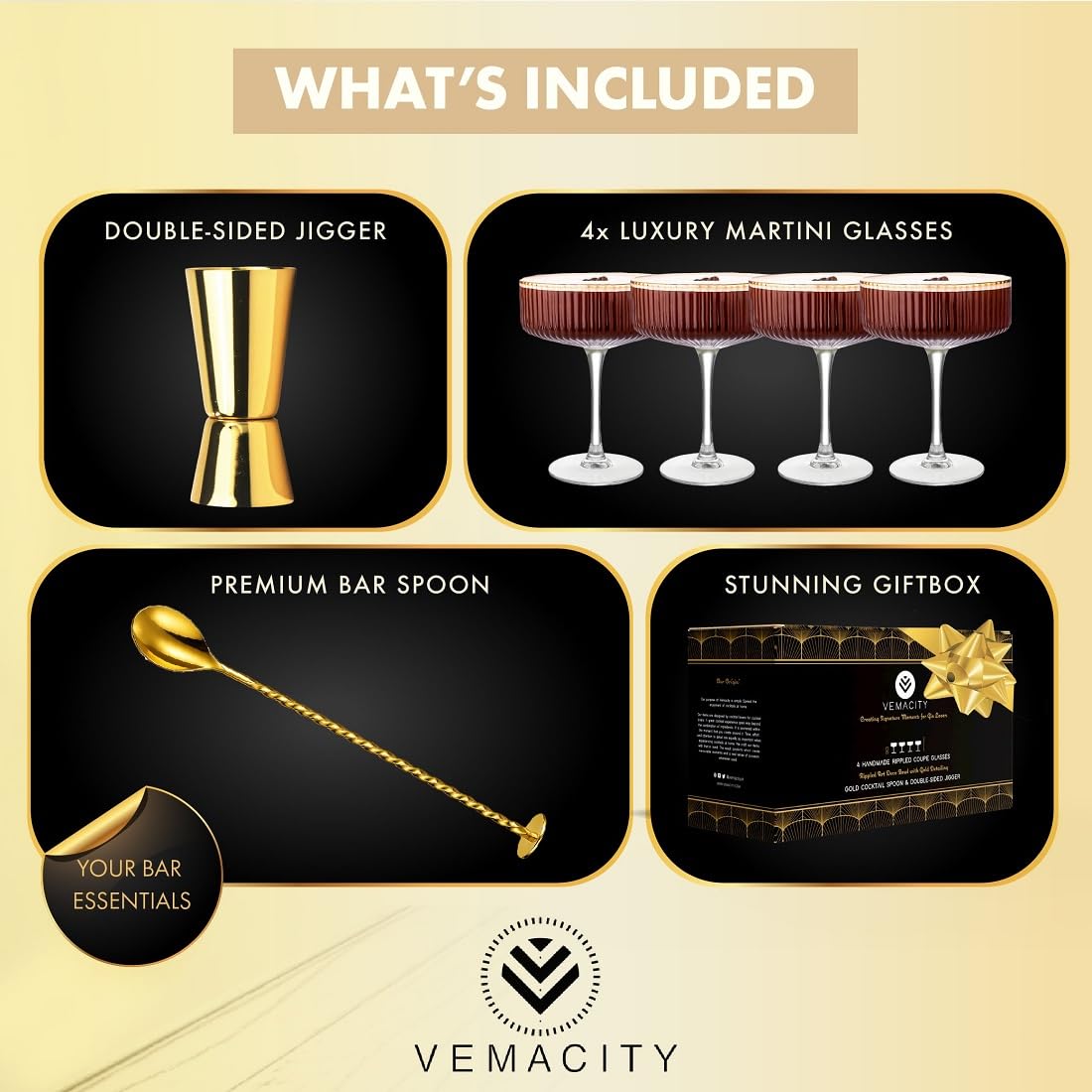 VEMACITY espresso martini glass close-up showing ribbing and gold trim