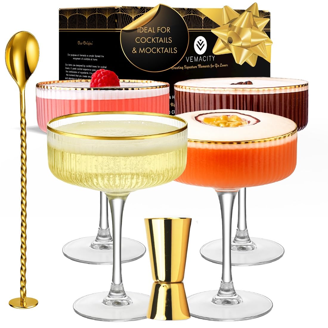 VEMACITY ribbed coupe glass with gold rims for elegant cocktails