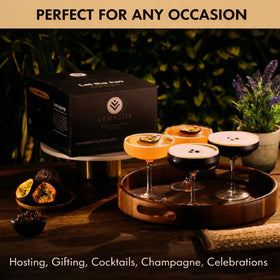 VEMACITY wide-bowl slim-stem martini glasses on table highlighting aroma-friendly design