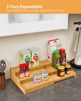 VenDotbi bamboo spice rack side profile shows sturdy support and raised edges to prevent tipping