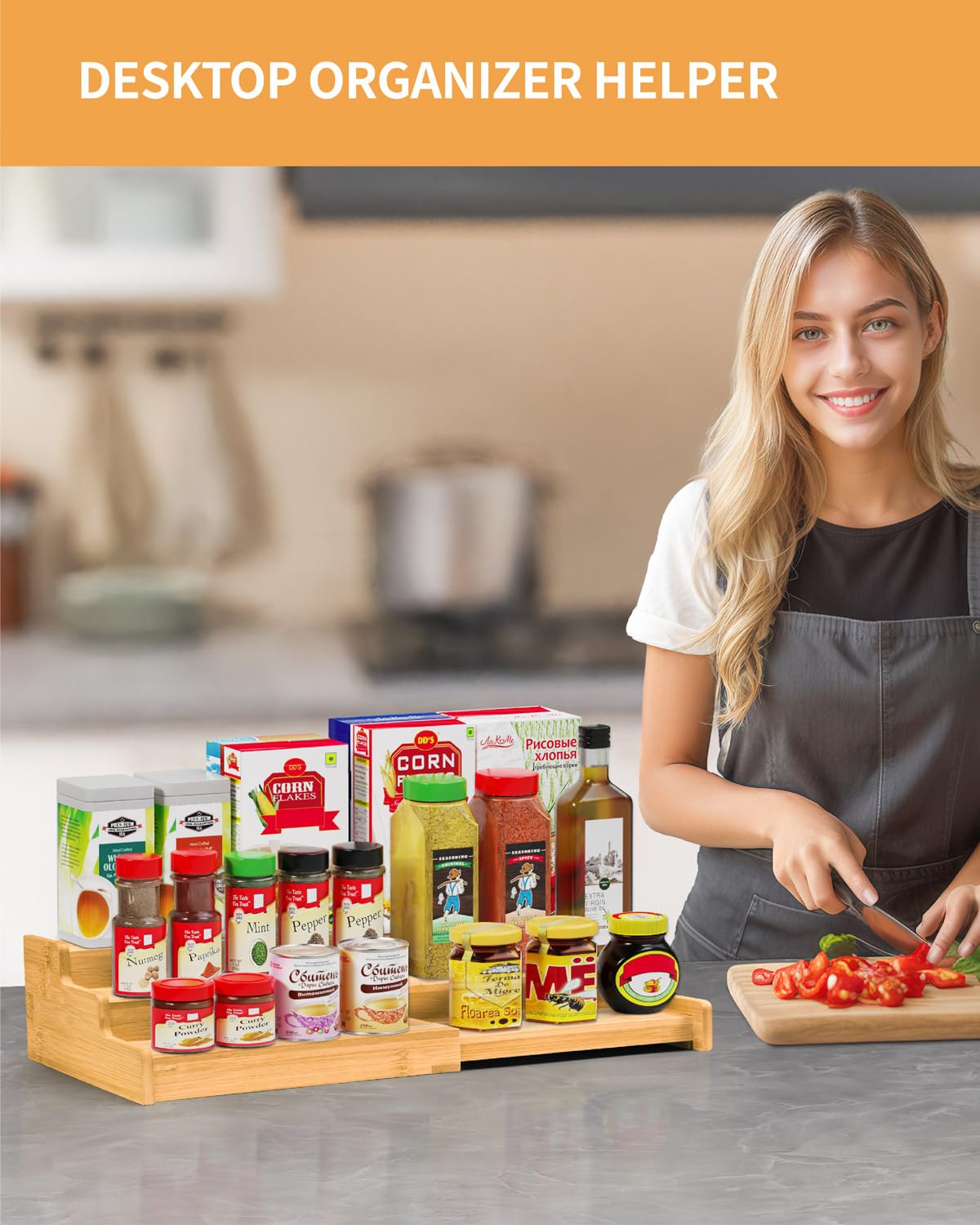 VenDotbi multipurpose rack stores spices, jars, sauces, and vitamins, saving counter space