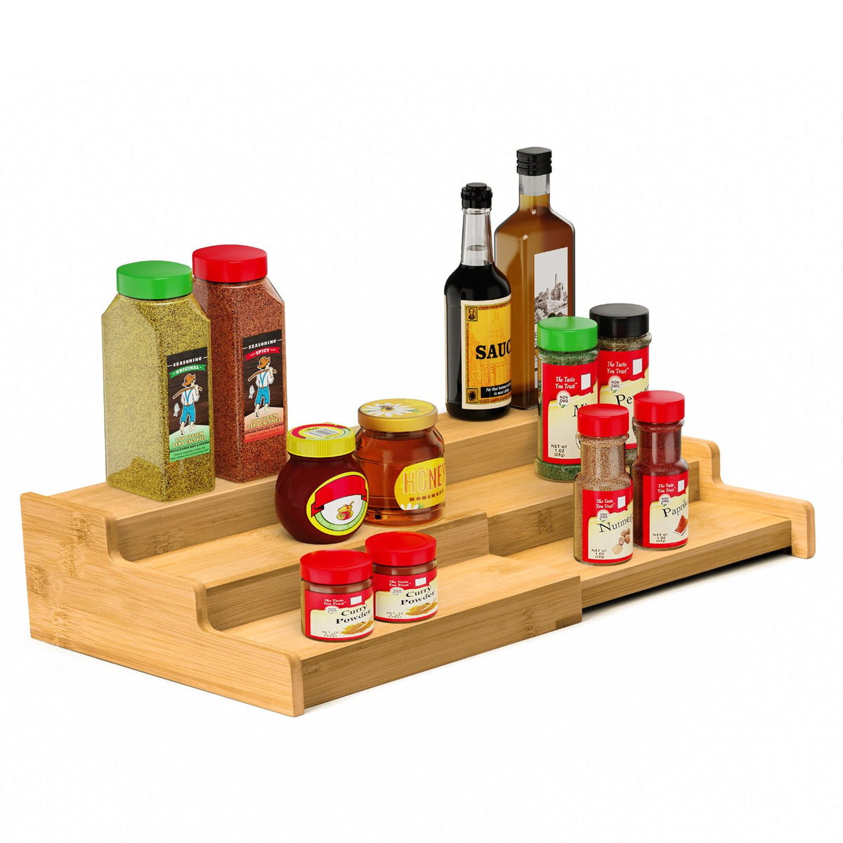 VenDotbi 3-tier spice rack assembled on cabinet shelf keeps spice jars organized and accessible