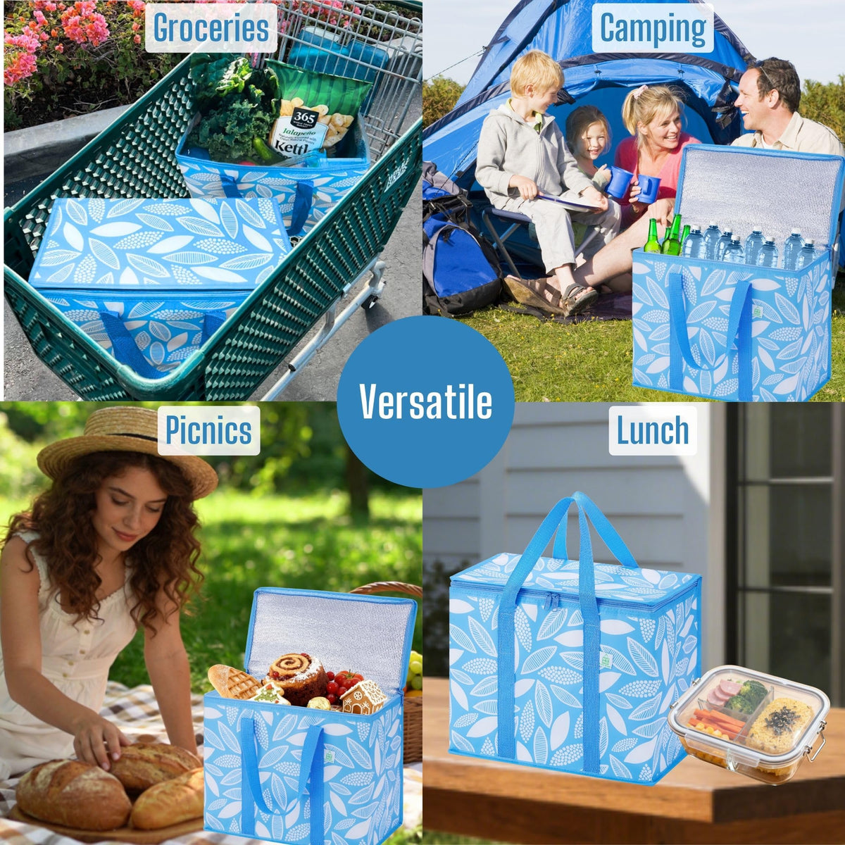 VENO insulated bag highlights heavy-duty handles reinforced for loads up to 45 lbs.